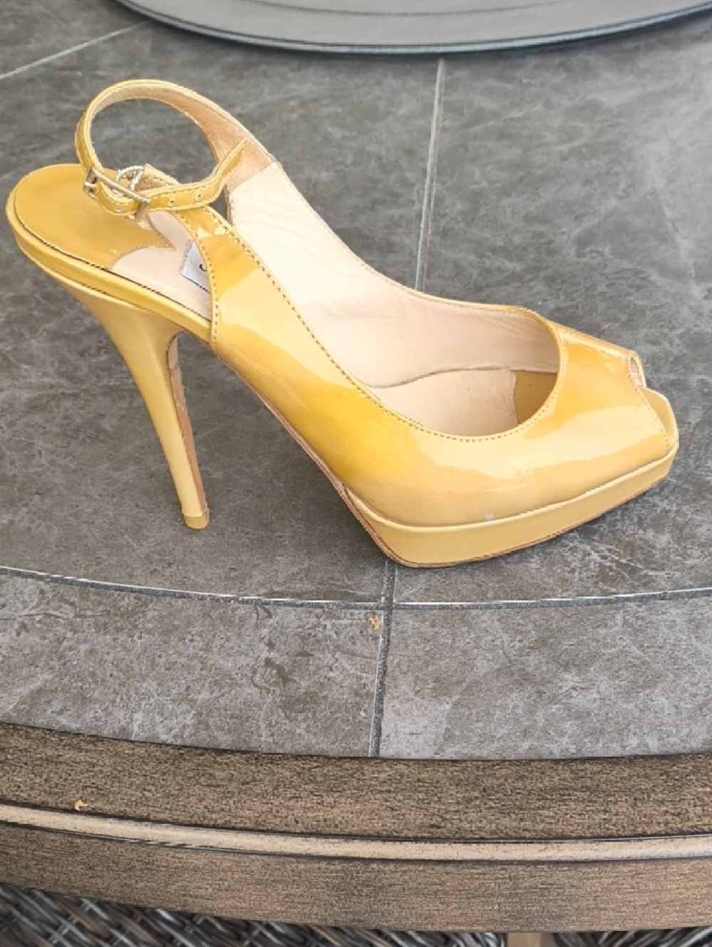 Jimmy Choo Yellow Patent Leather Peep-Toe Slingback Heels - Picture 3 of 6